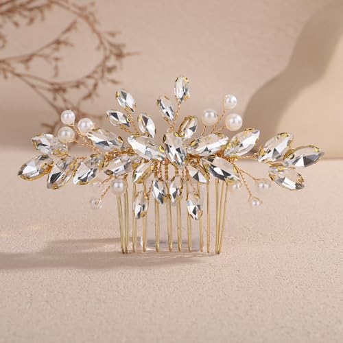 Peine para cabello con cristales y perlas dorado miniatura 3