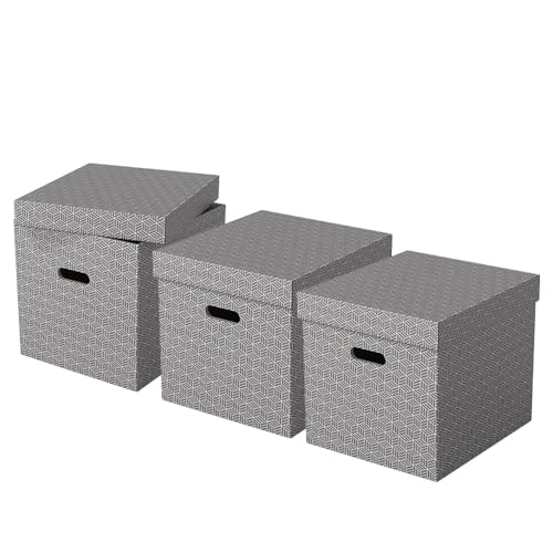 Esselte Large Storage Cubic Box With Lid, Pack Of 3, Suitable For Home/Office Storage & Organisation, 100% Recycled Cardboard, 100% Recyclable, Geometric Design, Grey, 628289