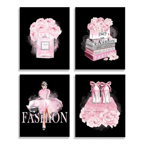 QOQIOSOC Modern Pink Glam Canvas Wall Art Set of 4 for Girl's Bedroom Decor - Black and White Poster Prints with Perfume Flowers Book Heels and Women Handbag Design - Chic Bathroom Wall Decor Artwork