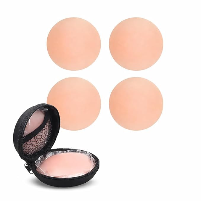 Reusable Silicone Nipple Covers for Women, Invisible Stick-On Bra Pads, Ultra-Thin Adhesive Bra Petals for Backless, Strapless & Deep Neck Dresses (Skin Tone) Beige-image-8