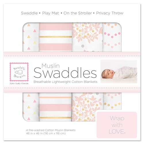 SwaddleDesigns Cotton Muslin Swaddle Blankets, Set of 4, Receiving Blankets for Baby Boys & Girls, Best Shower Gift, 46x46 inches, Pink Heavenly Floral