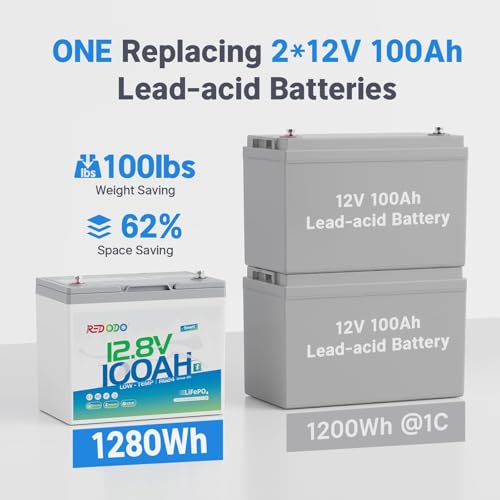 Image of Redodo 12V 100Ah LiFePO4 Battery Bluetooth, Low-Temp Protection BCI Group 24 Lithium Battery for Trolling Motor, Bulit-in 100A Smart BMS, Perfect for Marine, Boat, RV, Solar and Off Grid - 2 Pack