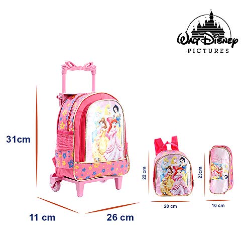 Kit Mochila Pequena Escolar Infantil Princesas Com Rodinhas