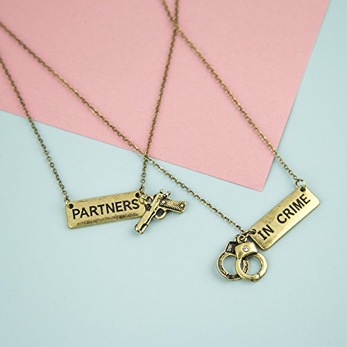 LUX ACCESSORIES Partners in Crime Handcuff Hand Cuff Gun BFF Best Friends Forever Matching Necklace Set3