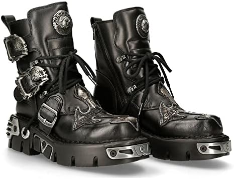 New Rock Men's 407-S1 Silver Cross Buckle Ankle BOOTS Black Leather Gothic Punk Biker Fashion Shoes | Image 3