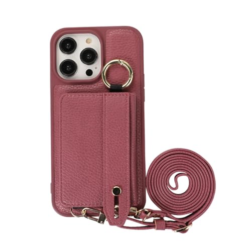 Étui en cuir portefeuille avec lanière pour iPhone 13 Pro Prune