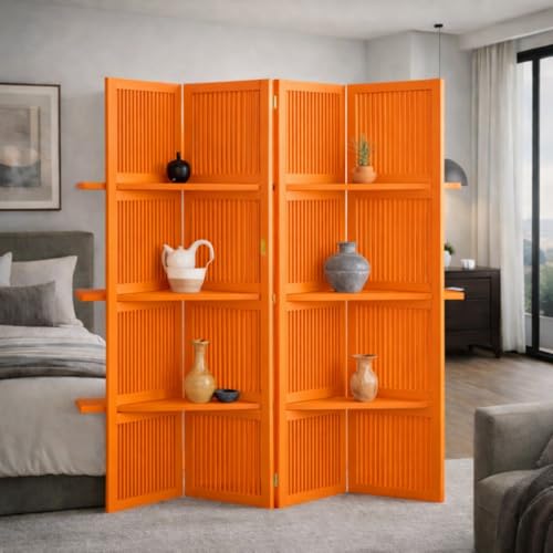 Image of Wooden Partition Divider for Living Room, Partition Wall, Privacy Divider, Freestanding Folding Panels for (6 Feet 5 Panel with 3 Shelve) (6 Feet 4 Panel Orange Shelves)