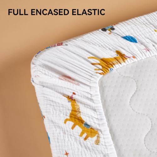 Image of TILLYOU Muslin Mini Crib Sheets 2 Pack, Pack and Play Mattress Sheets Fitted for Pack N Play, 38 x 26 Sheet for Toddler, Circus Carnival