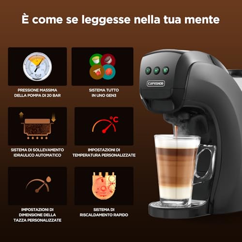 Warriors1 Macchina da Caffè a Capsule 5 in 1 per Nespresso, Lavazza A Modo Mio, Espresso Point, Dolce Gusto e Caffè Macinato, 20 bars, 0,8 L, Calore e Quantità Regolabili, Compatta per Casa e Ufficio - immagine 6