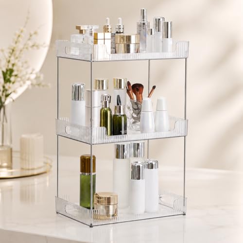 Goderewild 3 Tier Bathroom Counter Organizer Multi-Purpose Cosmetics Skincare Shelf Fits A4 Size Makeup Organizer for Office and Vanity Tray Countertop Storage Solution for Kitchen Bath.(Clear)