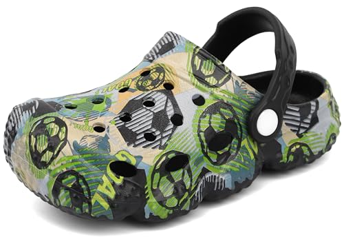 Image of INMINPIN Kids Clogs Ball Sports Print Garden Shoes Boys Girls Water Shower Pool Beach Slides Sandals for Sports Fan,Black-Soccer,Big Kid 5