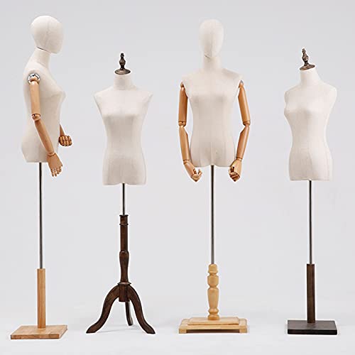 Female Mannequin Torso Body, 132 182cm Adjustable Height Dummy Model, Manikins for Clothing Realistic Display, Linen Cover Wooden Base, 2 Sizes