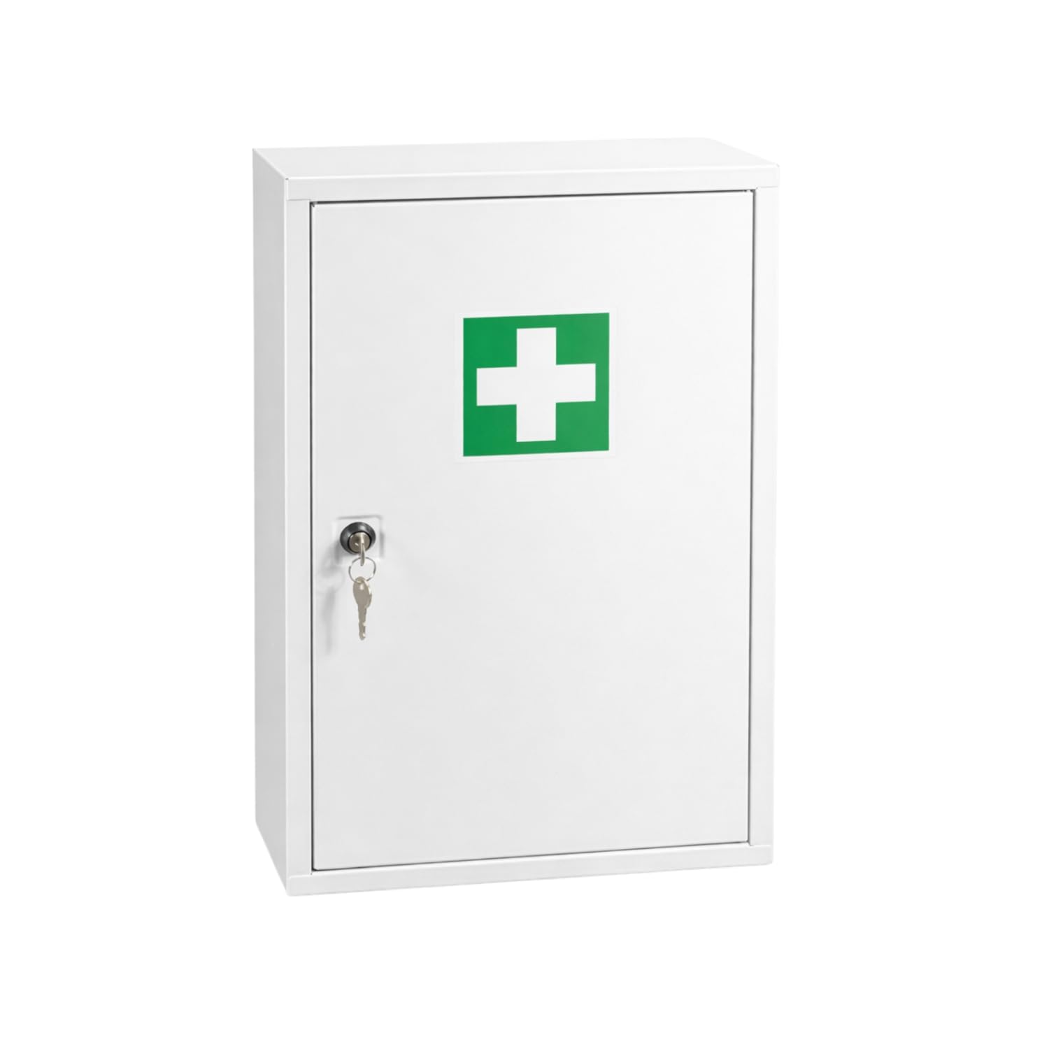 First Aid Products Verbandschrank B - leer - Medizinschrank Metall, 3 Ablageflächen kompakt mit Sicherheitsschloss – Weiß – wandmontierbar, robust & platzsparend – 46 x 30 x 14 cm