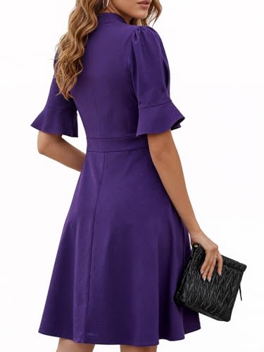 Image of Mokayee Womens Summer V Neck Ruffle Short Sleeve Fit and Flare Knee Length Church Wedding Guest Dresses with Pockets