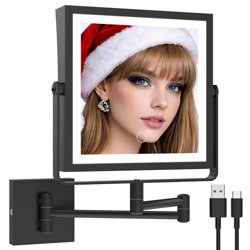Ruacq Rechargeable Wall Mounted Makeup Mirror with Lights, Double Sided 1X/10X Magnifying Vanity Mirror with 3 Color Lighting, Touch Screen Dimmable, 360° Rotation Extension Foldable Arm(Matte Black)