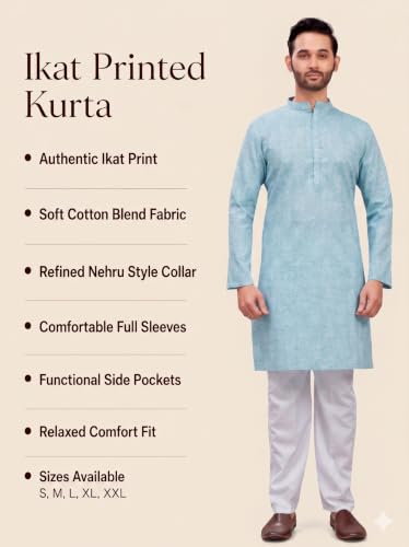 Image of Studio Shringaar Men's Cotton Blend Relaxed Fit Ikat Printed Knee Length Kurta