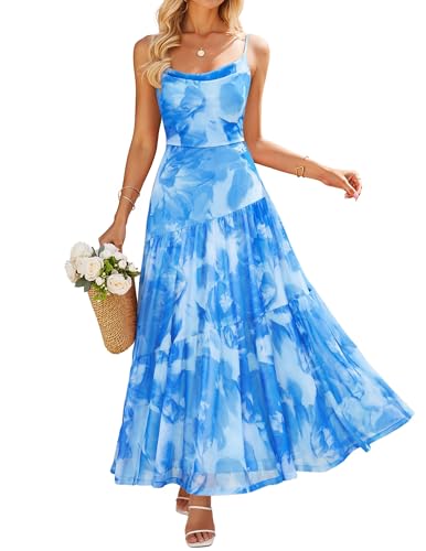 ZESICA Women's Summer Floral Sleeveless Maxi Dress 2026 Boho Mesh Spaghetti Strap Flowy Beach Wedding Guest Long Dresses Blue Large