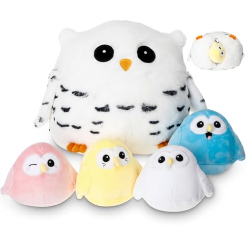 Hollowfly 5 Pcs Snowy Owls Plush Toy Gift Set 9.5" Mommy Owls with 4 Cute Pastel Babies Stuffed Animal in Zippered Butt Nurturing Plushies Toy Set for Kid Adults Birthday Party Favors Gifts
