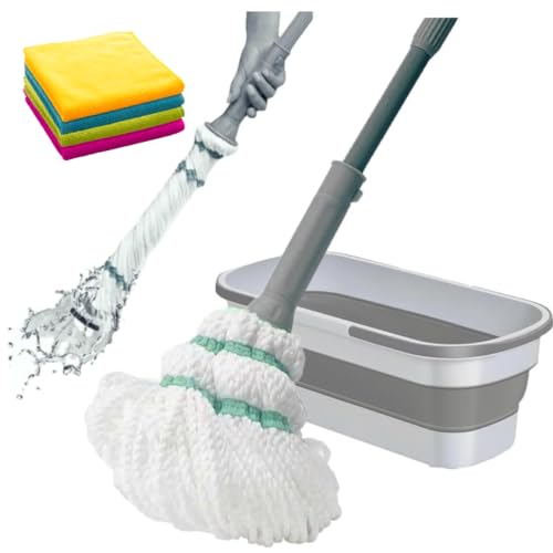 SWISSPACK Twist Mop +10L Collapsible Bucket! - With 4 Microfibre Cloths No More Strains with a Non Stratch Scourer Pad At End - All Floors Easily Cleaned Wood Laminate and Tiled. - Washable Mop Head