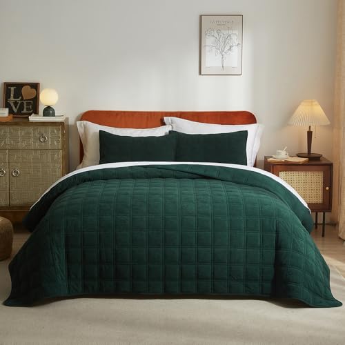 Wondnuga Velvet Quilt Set Green Quilt, Lightweight Soft King Comforter