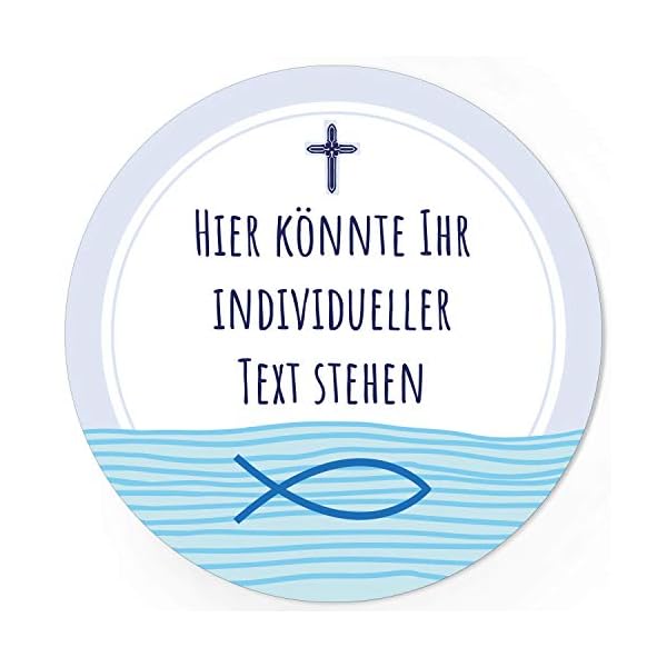 24 INDIVIDUELLE runde Etiketten SELBER GESTALTEN: Blau Fisch Kreuz - Personalisierte Aufkleber für Taufe, Konfirmation…