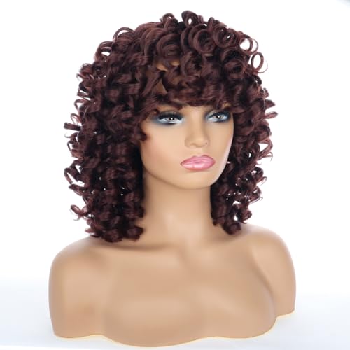 PORSMEER Curly Afro Dark Brown Wigs for Black Women Natural Synthetic Hair Wig with Fringe Kinky Big Wave Full Wig for Cosplay Party Darily Wear - Image 3