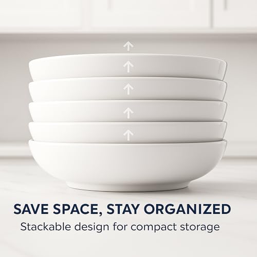 Pasta Bowls Set of 6 – 30oz Large Ceramic Salad Bowls & Soup Bowls, Wide Shallow Pasta Plates for Kitchen & Dining – Microwave & Dishwasher Safe Porcelain Dinnerware, White Serving Bowl Set - Image 7