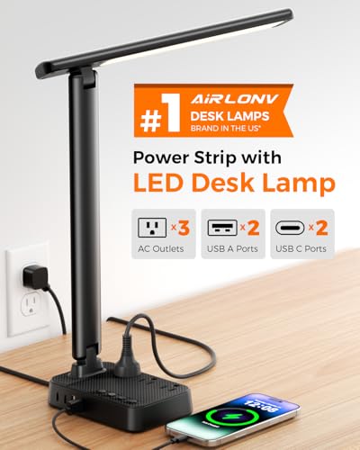 Image of Airlonv LED Desk Lamp for Office Home, Power Strip with 3 Outlets 4 USB Charging Ports(2 USBC), 4 Modes 5 Level Brightness Desk Light, Small Desk Lamp for College Dorm Room Essentials