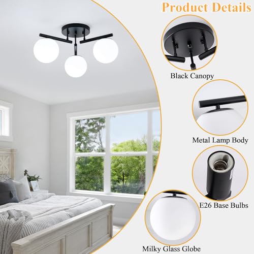 Image of 3 Light Modern Sputnik Semi Flush Mount Ceiling Light, Black Sputnik Ceiling Light Fixture, 21.65 '' Milky Glass Globe Mid Century Modern Ceiling Lights for Bedroom Hallway Living Room