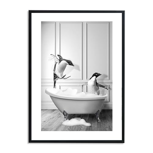 1M® Poster - Badezimmer Deko Bilder - stilvoller Kunstdruck - schwarz weiß Wandbilder - WC Deko - DIN A4 Pinguin