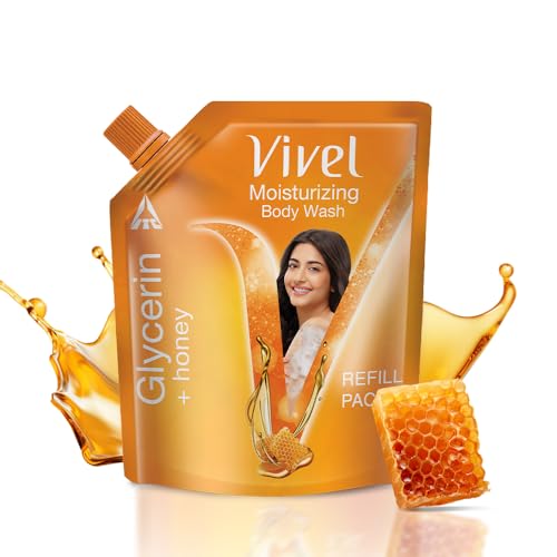 Vivel Moisturizing Body Wash, Glycerin & Honey Shower Gel, 1300 ml Supersaver XL Refill Pouch, For Soft, Glowing Skin, Mild and Pure Bodywash, For Wom