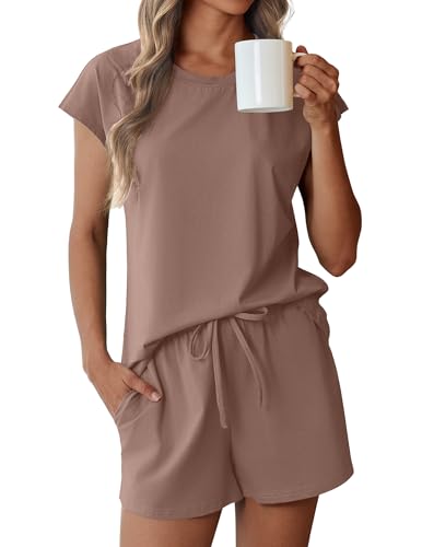 Image of Ekouaer Cotton Pajamas for Women Set 2 Piece Cap Sleeve Pjs Shorts Set Lounge Sets Sleepwear S-XXL