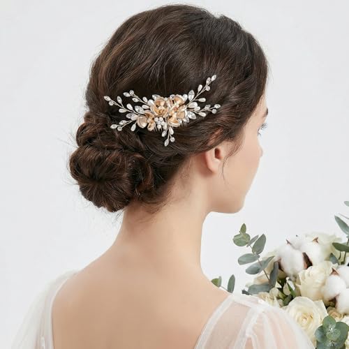 SWEETV Gold Wedding Hair Comb for Brides, Handmade Flower Pearl Rhinestone Bridal Hair Accessories, Vintage Bride Hair Clips Hair Pieces for Bridesmaids Women