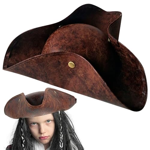 Sombrero pirata tricornio sin deformaciones de piel sintética marrón para adultos y niños