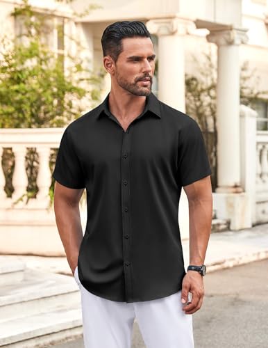 COOFANDY Mens Casual Button Down Shirts Short Sleeve Wrinkle Free Dress Shirts Summer Shirts, Black, X-Large - Image 3