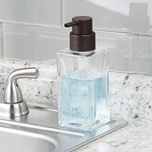 mDesign Square Glass Refillable Liquid Soap Dispenser Pump Bottle for Bathroom Vanity Countertop, Kitchen Sink - Holds Hand Soap, Dish Soap, Hand Sanitizer, Essential Oils - 2 Pack - Clear/Bronze