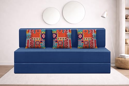 Image of Rosebell Three Seater Foldable Sofa Cum Bed (5x6 Feet) ? Jute Fabric, Washable Removable Cover, Includes Cushion | Space Saving Convertible Sofa Bed for Home, Office & Guests - Blue