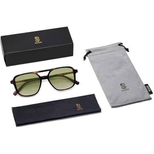 Image of SOJOS Retro Aviator Sunglasses for Women Men,Trendy Rectangle Womens Mens Shades Sun Glasses SJ2202 Leopard Green Grading