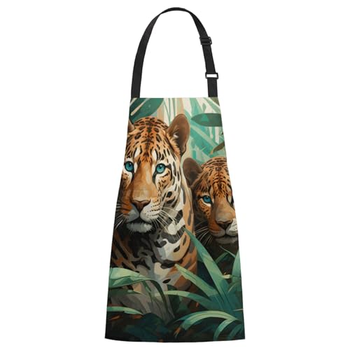 Aglebo Tigers Leaves Chef Apron with Pockets Adjustable Shoulder Strap Waterproof Cooking Apron for Kitchen Baking Gardening Pottery Painting