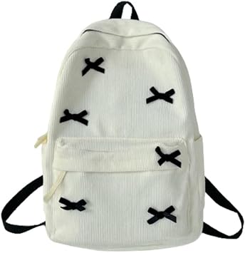 Women Preppy Y2k Aesthetic Corduroy Backpack Kawaii Laptop Backpack Cute Coquette Bow Harajuku College Daypack White Bow