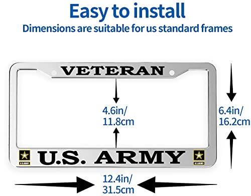 Waiyuan 2 Pack Stainless Steel Silver Veteran Army License Plate Frame Front Metal Army License Plate Cover License Plate Holder With Chrome Screw Caps & 2 Holes #TOP1