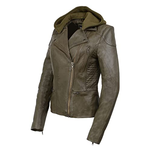 Milwaukee Leather Sfl2815 Women’s 'Hooded' Olive Leather Jacket With Asymmetrical Zipper - Medium #TOP7