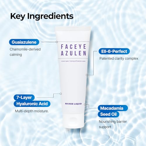 Mahoeliquid Faceye Azulen Calming Cream, Korean Skincare Blue Cream with Guaiazulene for Instant Soothing, Redness Relief & Skin Protection, Gentle Moisturizer for Sensitive Skin – 100ml / 3.38 fl.oz