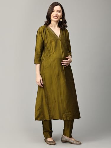 Image of The Mom Store Maternity Nursing and Feeding Kurta Set | Nursing Zippers | Pre and Post Pregnancy | Raw Silk | Kurta Pant Set | Solid |