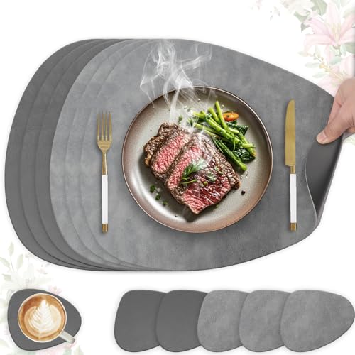 HELI MIAO 6er Set Tischset aus Leder-Imitat，Platzsets abwaschbar und wasserdicht，Platzdeckchen Lederoptik mit Untersetzer… – Ansicht 1