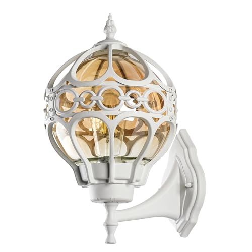 Globe Outdoor Wall Lights for Porch Patio Garage, White Aluminum Outdoor Light Fixtures Wall Mount, Sphere Waterproof Outside Wall Sconces Exterior House Lantern Lighting with Amber Glass