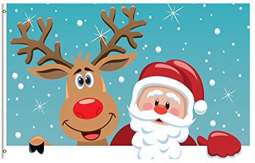 ShineSnow Santa Claus Deer Merry Christmas Holiday Snow Winter New Year 3x5 Feet Flag, Polyester Double Stitched with Brass Grommets 3 X 5 Ft Flag for Outdoor Indoor Decor