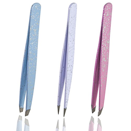 Tweezers Set of 3 Stainless Steel With Leatherette Case (Frosted Glitter Series: Blue Flat, White Pointed and Pink Slant Tip) Best for Eyebrow/Ingrown Hair - Precision Tweezer Kit
