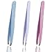 Tweezers Set of 3 Stainless Steel With Leatherette Case (Frosted Glitter Series: Blue Flat, White Pointed and Pink Slant Tip) Best for Eyebrow / Ingrown Hair - Precision Tweezer Kit