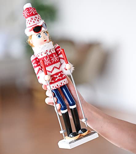 Ornativity Christmas Woman Skier Nutcracker – Red and White Wooden Nutcracker Woman with Ugly Sweater and Ski Sticks in Skiing Pose Xmas Themed Holiday Nut Cracker Doll Figure Decorations